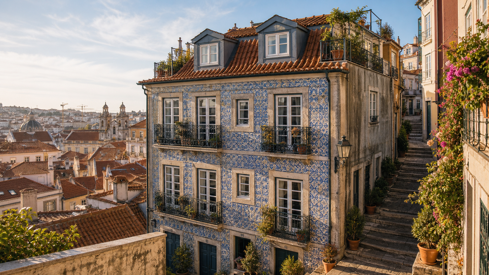 Tiled top-floor apartment facade at The Azulejo Attic