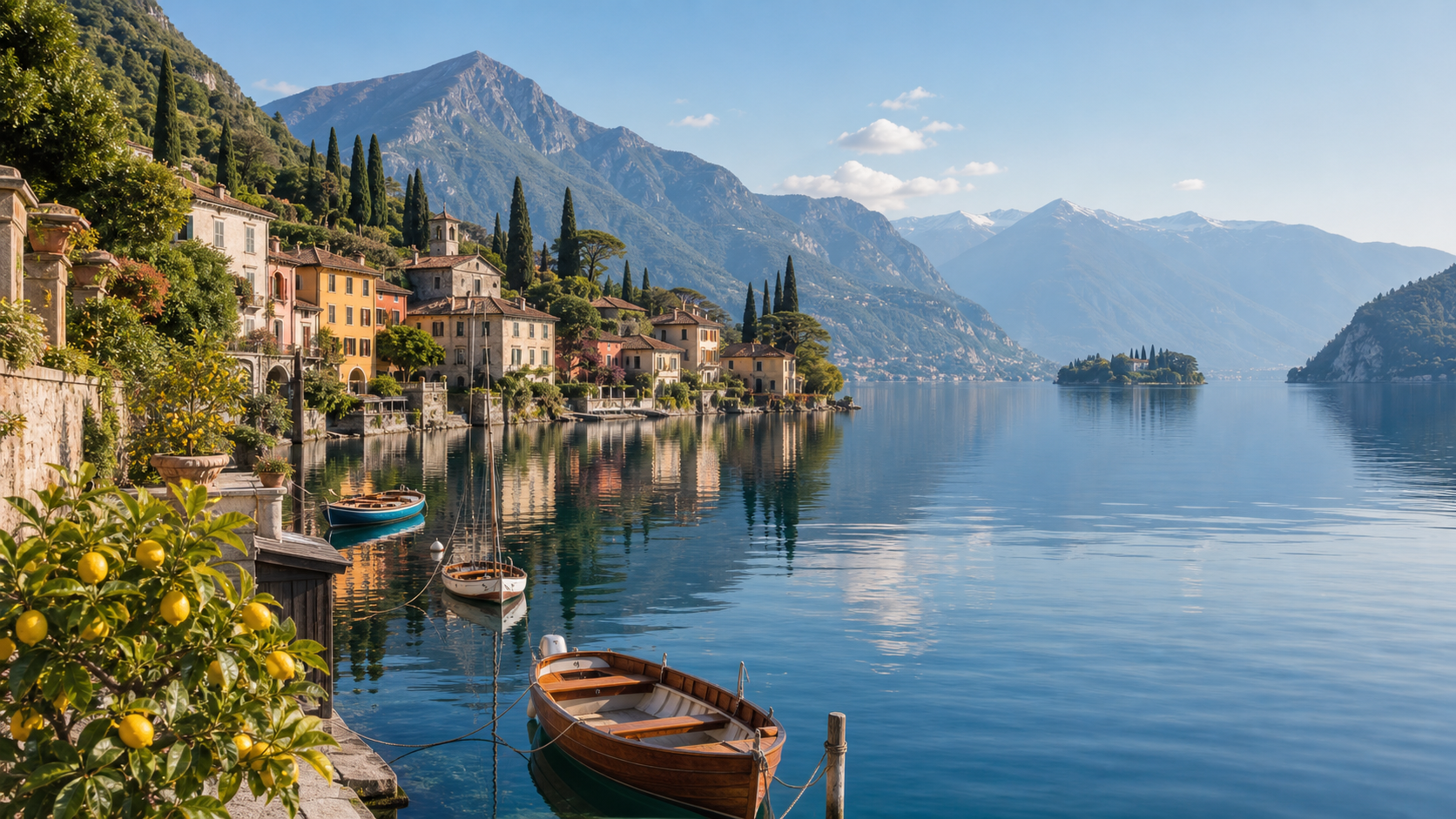 Lakeside village and mountain view at Lago Serenella