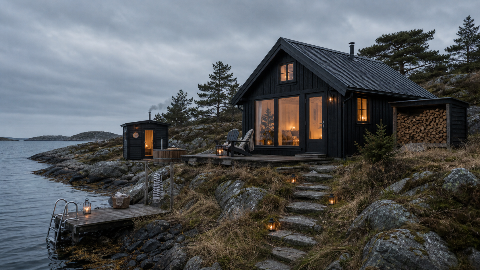 Dark timber island cabin at The Harbour Cabin