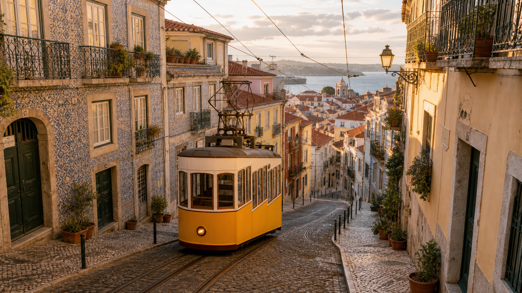 Tiled old town street and tram in Porto Velha