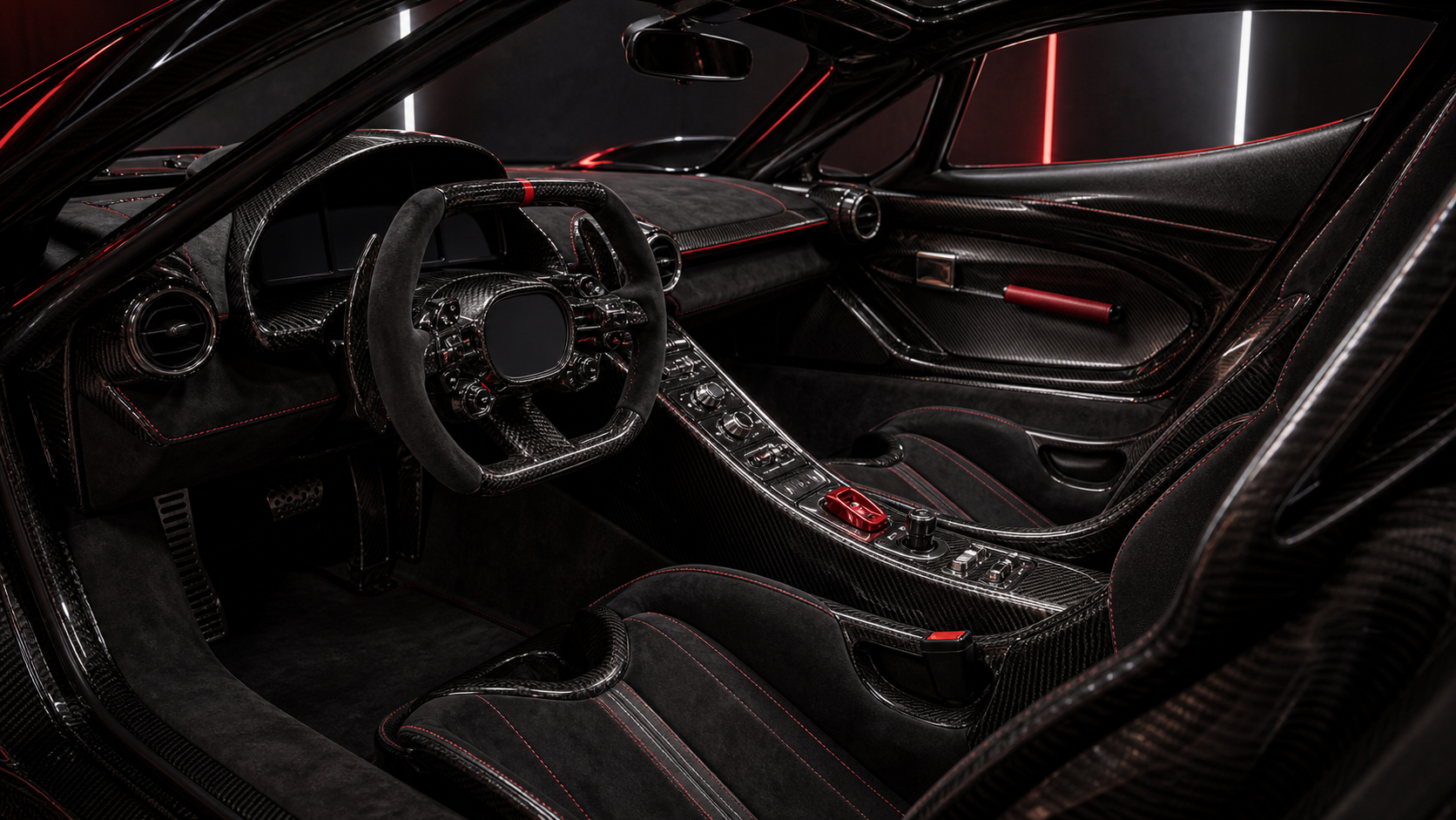 Vellor Dodici hypercar cockpit with carbon trim and red accents