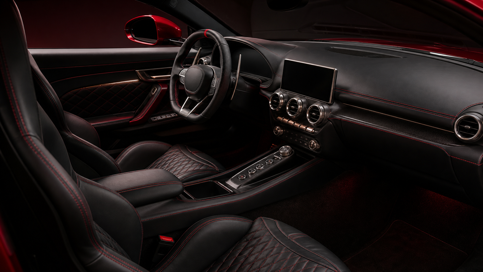 Vellor Mille GT cockpit with black leather and red stitching