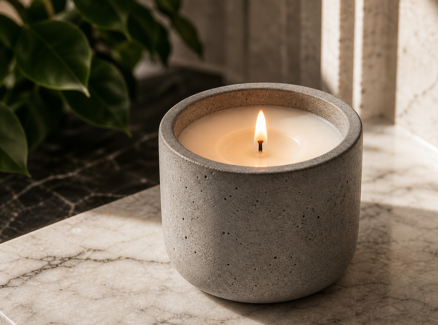 Lit concrete candle with wax pool on a marble surface
