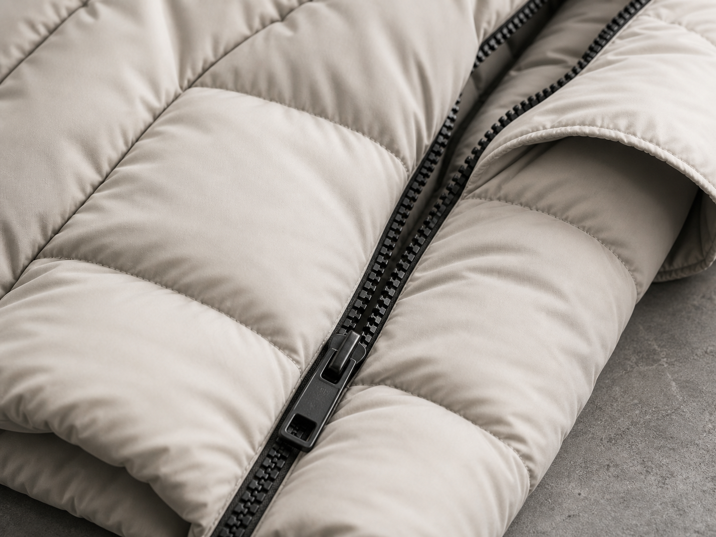 Close detail of quilted white down coat seams and black zipper
