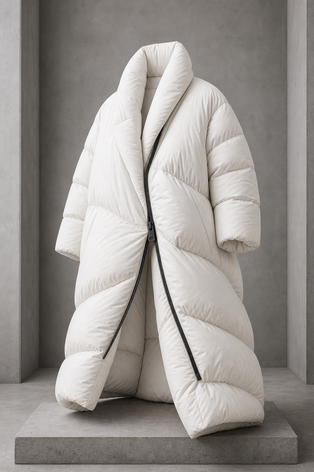 Oversized white quilted down coat in a grey studio