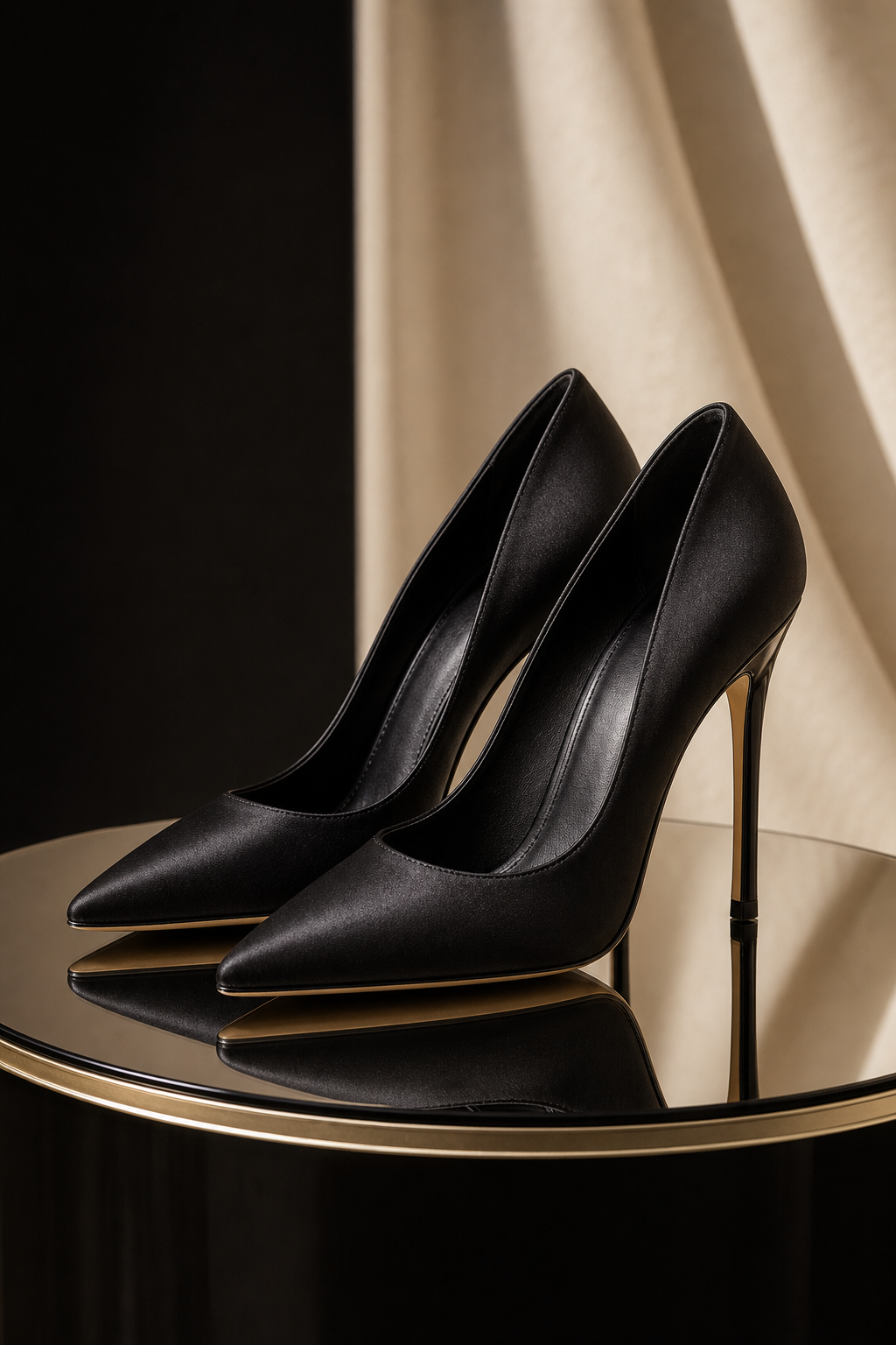 Black satin pointed stiletto pumps on a mirrored studio plinth