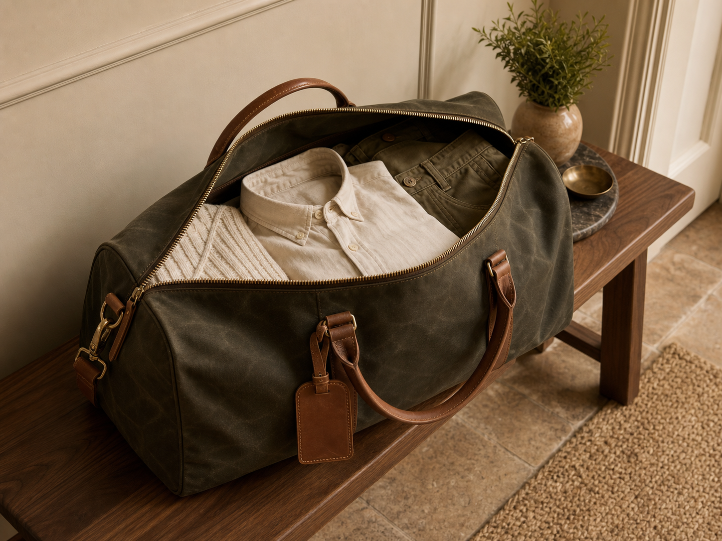 Open olive waxed canvas weekender bag with folded clothing