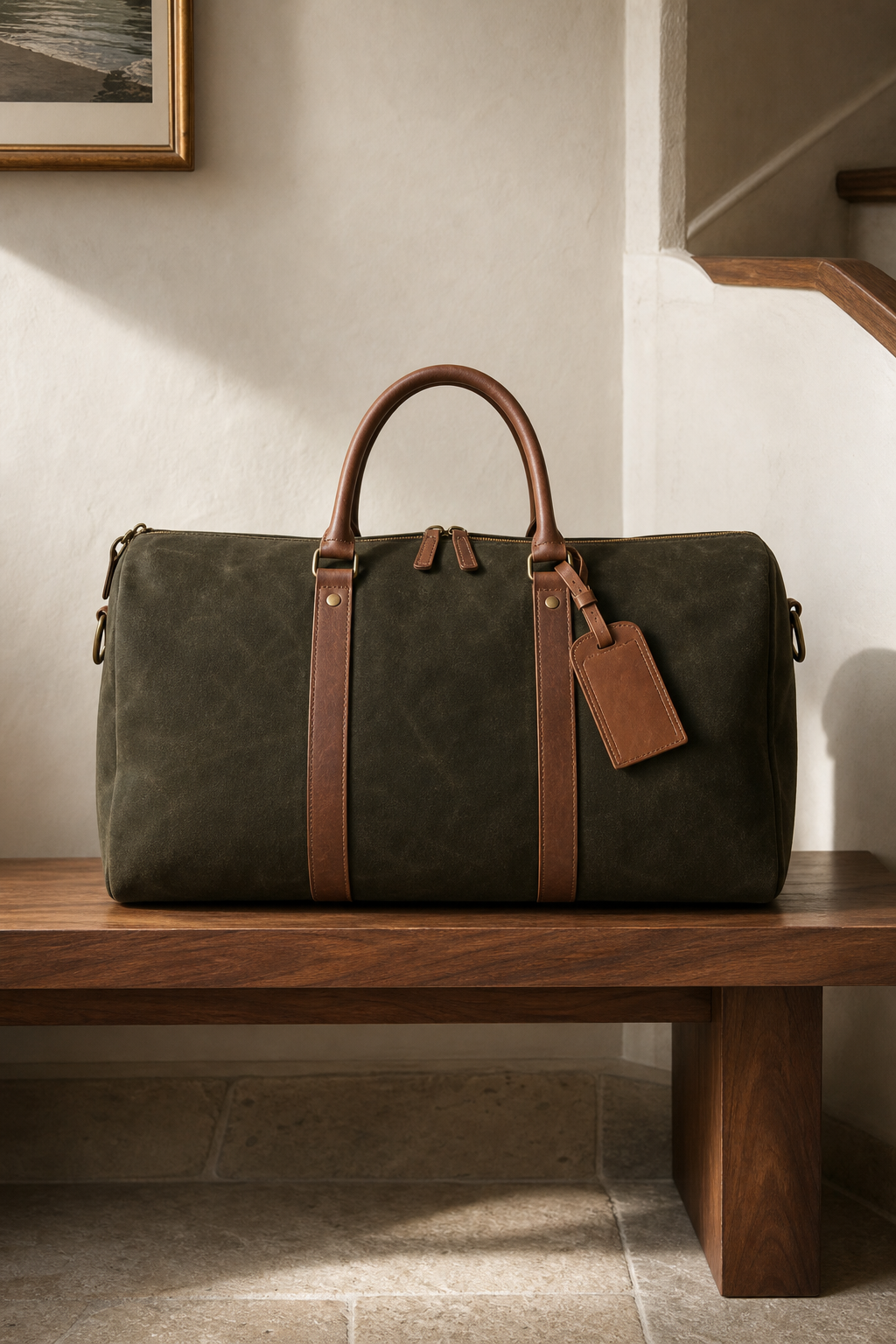 Olive waxed canvas weekender holdall with leather handles on a bench