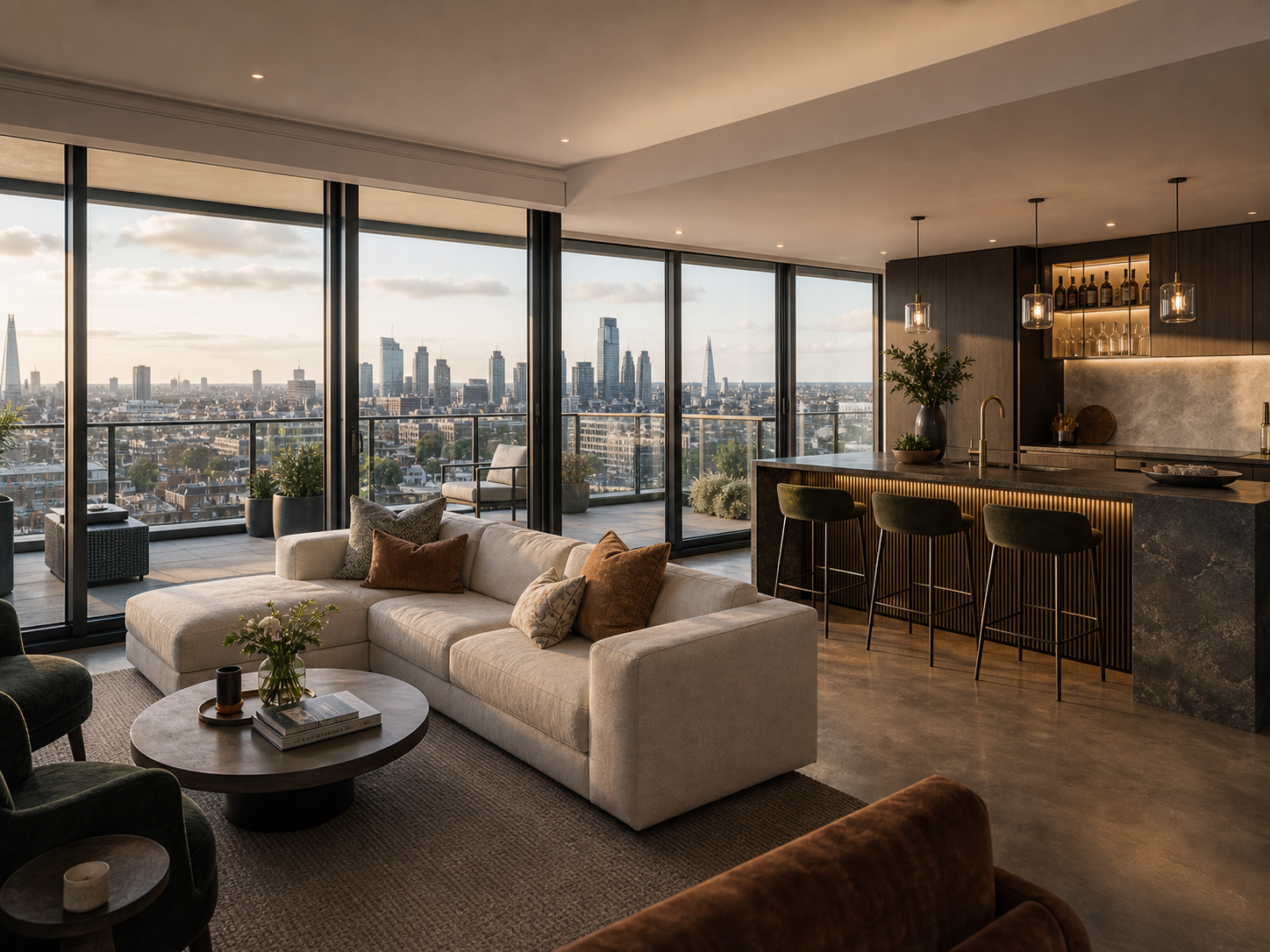Open-plan penthouse living space with city views