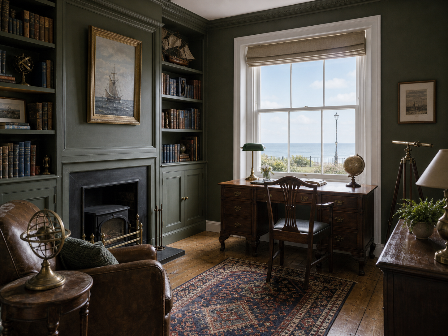Book-lined study in the detached seaside villa